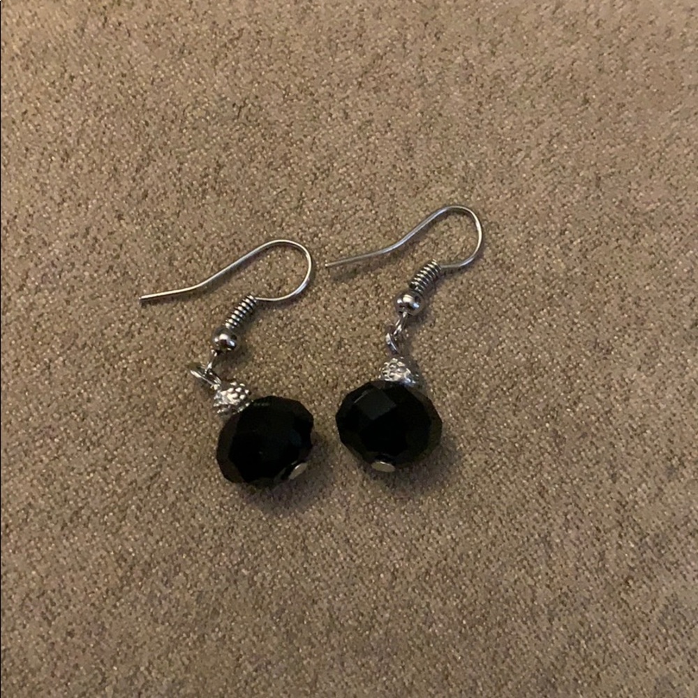 Small Silver Black Bead Drop Earrings